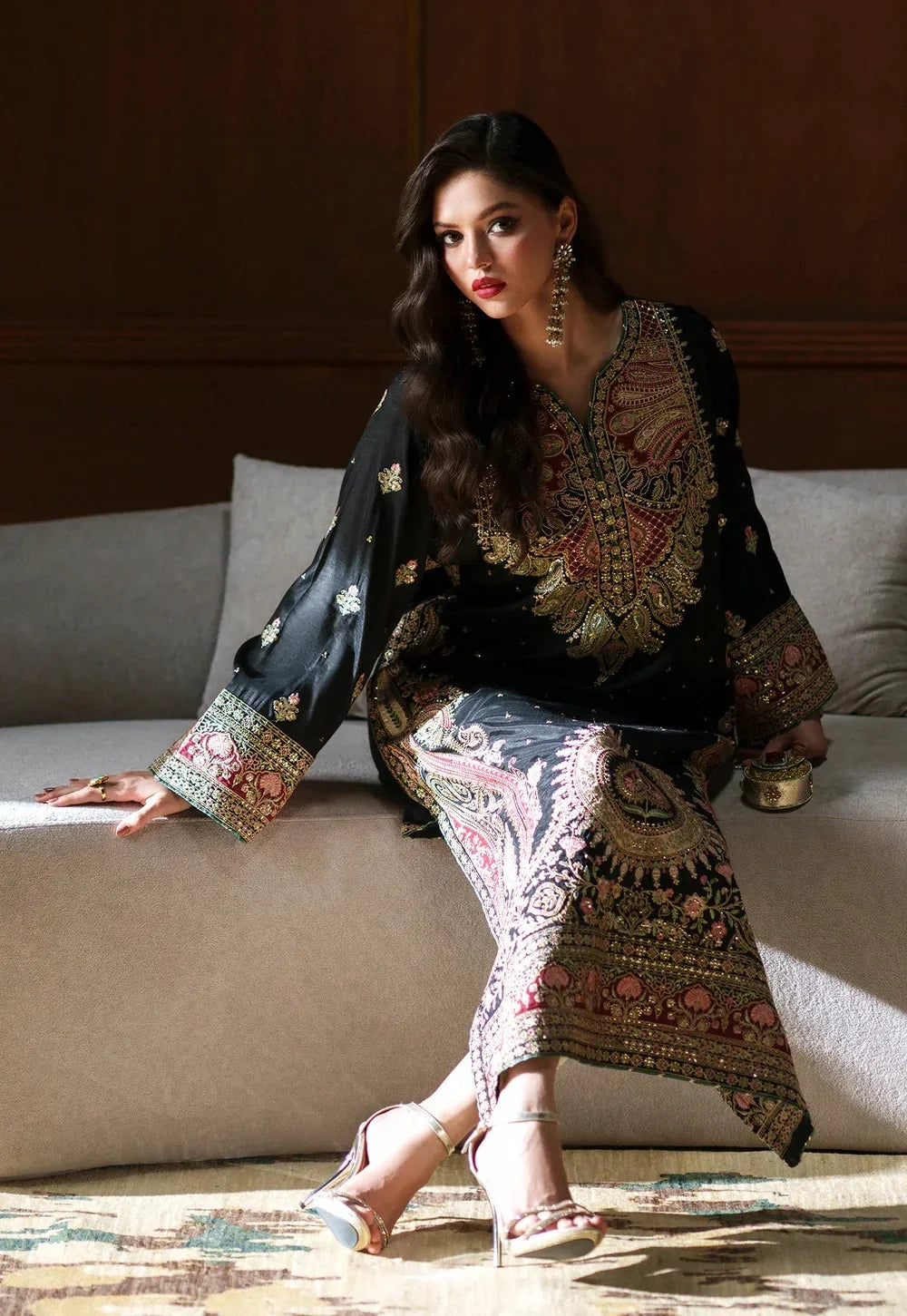Black Kashmiri Royale: Embroidered Silk Kaftan | Ready To Wear