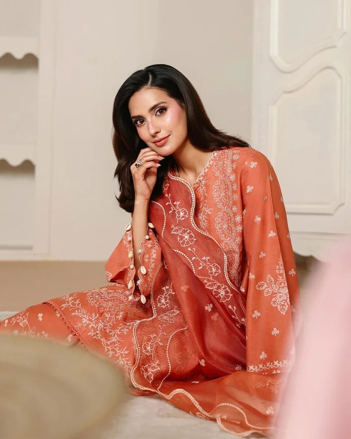 Burnt Peach & White Floral Accent: Embroidered Lawn Suit | Ready To Wear