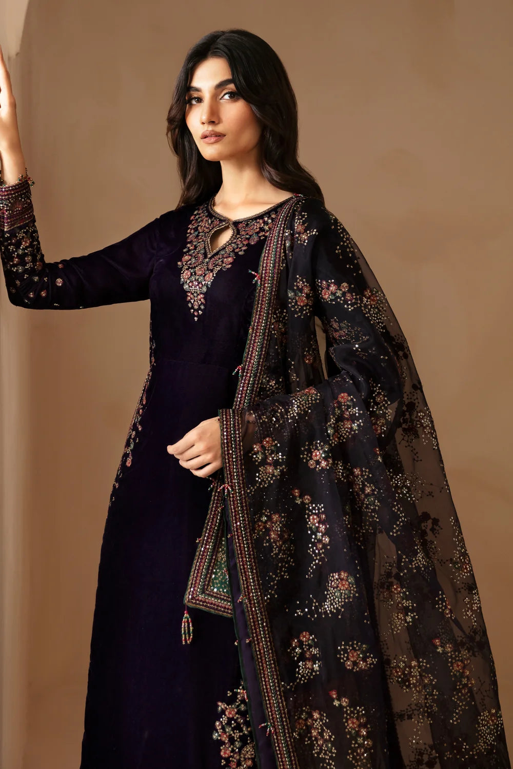 Deep Violet & Jewel Accent: Embroidered Velvet Suit | Ready To Wear