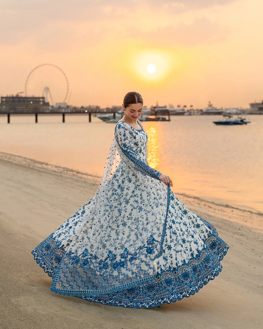 Ivory & Blue: Embroidered Lawn Suit Maxi Style | Ready To Wear