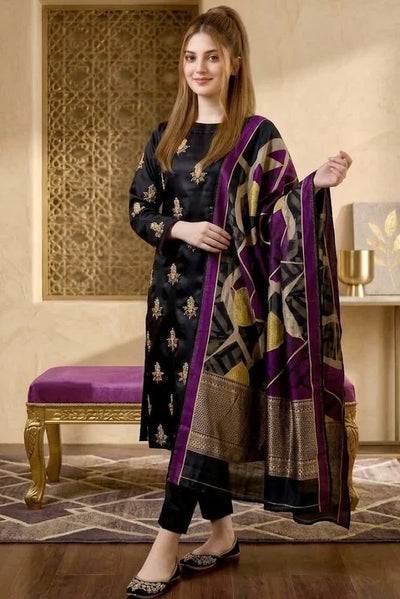 Midnight Black & Gold: Silk Suit With Pearls & Beads Handwork