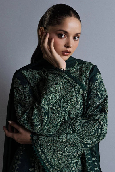 Forest Green & Mint Accent: Embroidered Cotton Suit | Ready To Wear