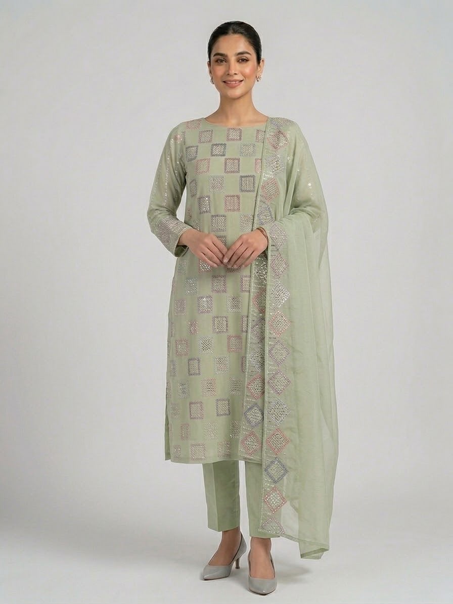 Pastel Shades: Geometric Sequence-Embroidered Bember Chiffon Luxury Collection | Ready To Wear