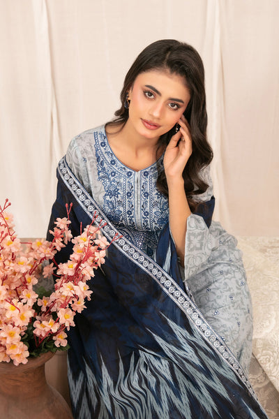 Sky Blue Embroidered Lawn 3-Piece Suit with Digital Printed Dupatta | Ready To Wear