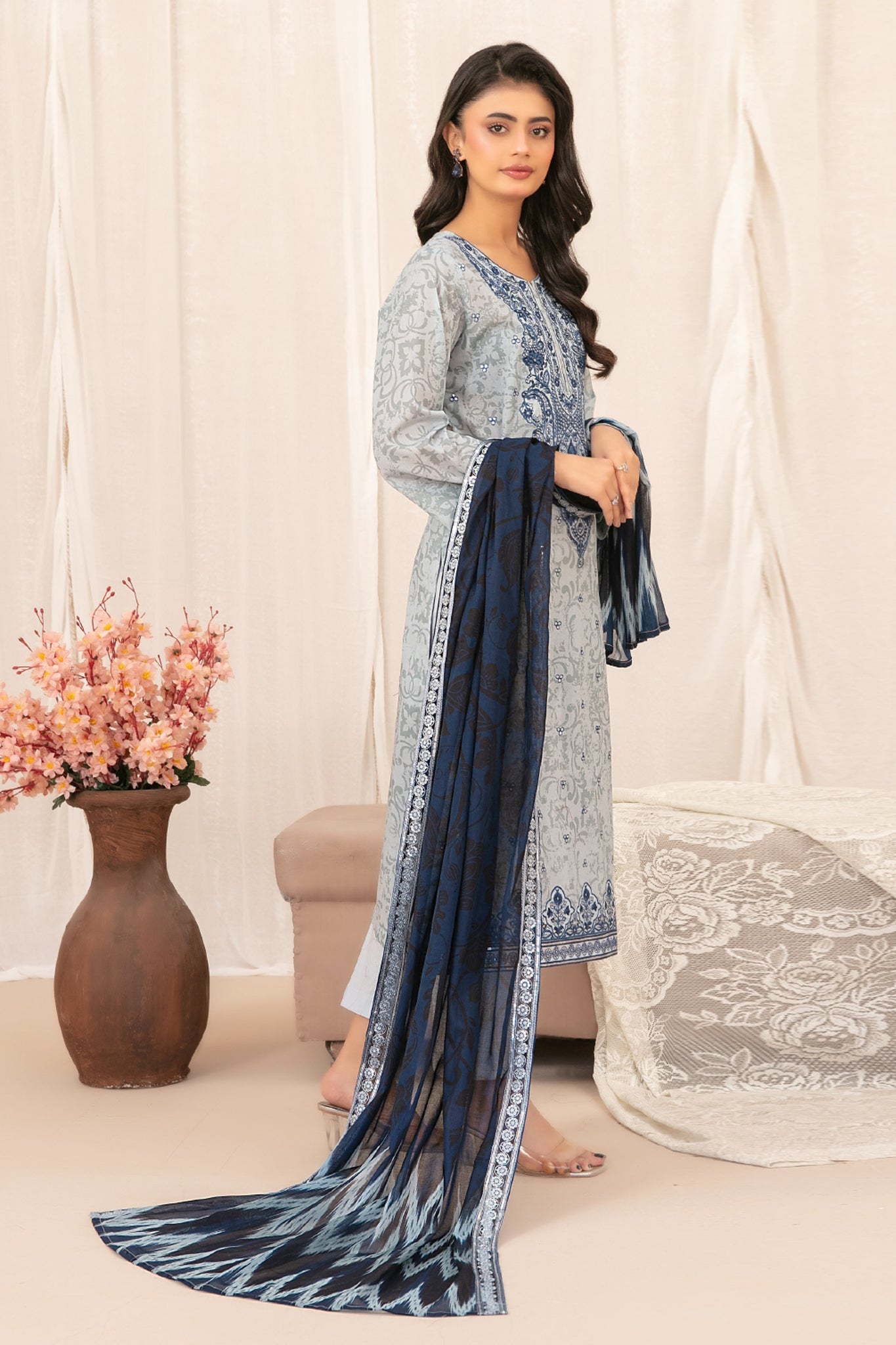 Sky Blue Embroidered Lawn 3-Piece Suit with Digital Printed Dupatta | Ready To Wear