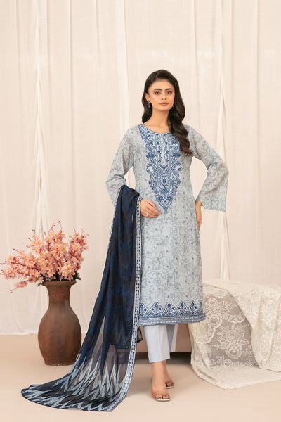 Sky Blue Embroidered Lawn 3-Piece Suit with Digital Printed Dupatta | Ready To Wear