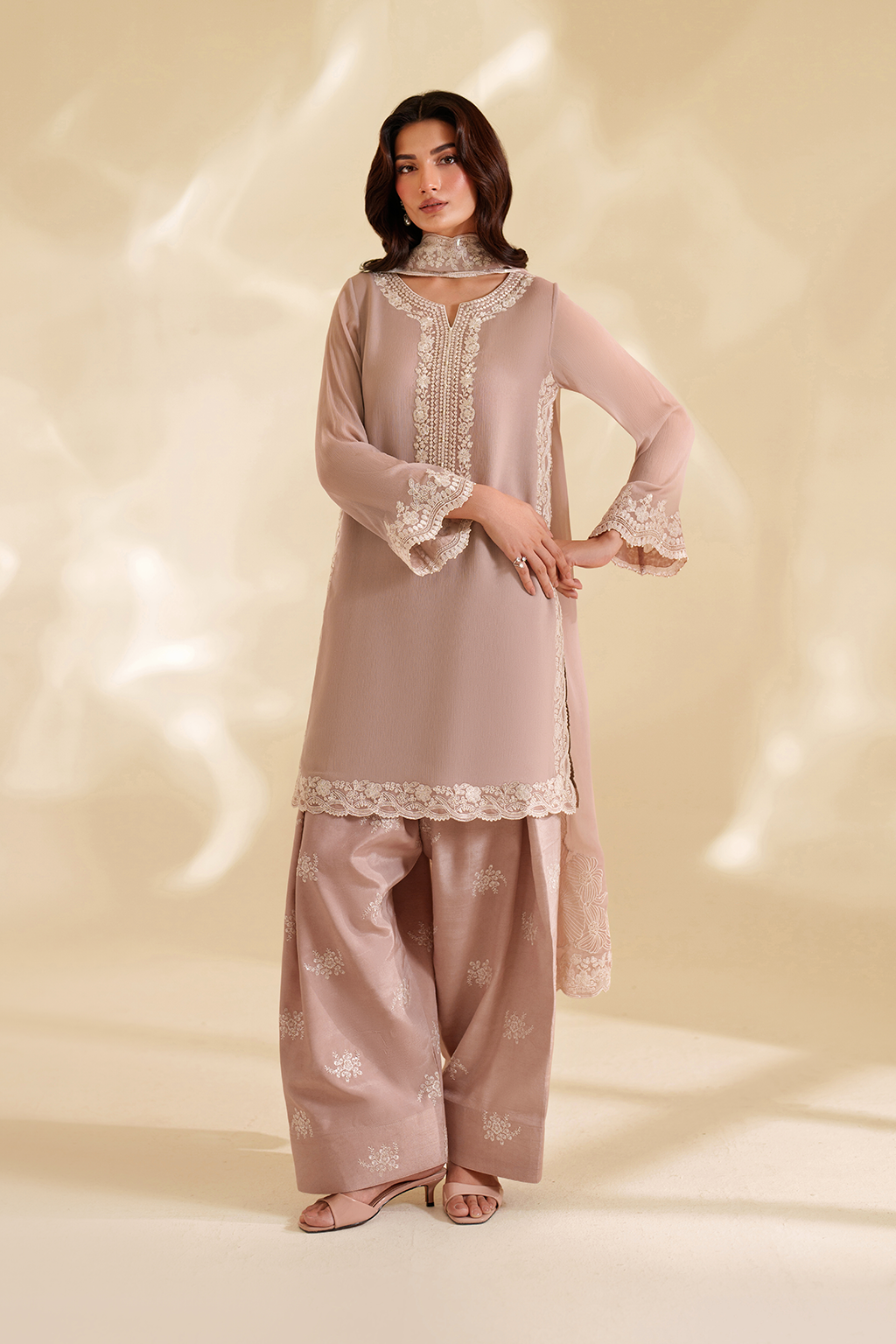 Dusty Mauve & Cream Accent: Embroidered Chiffon Suit