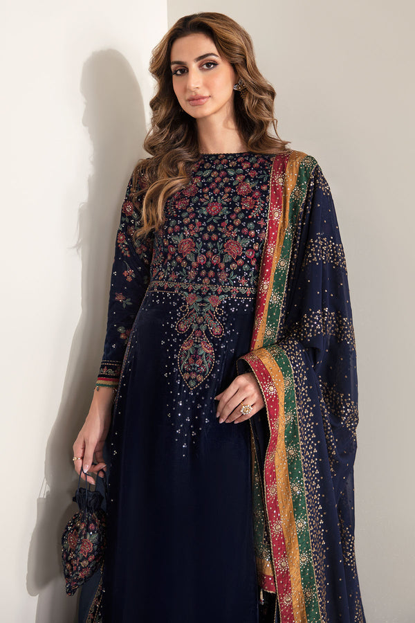 3 Pcs Luxury Velvet Suit with Embroidered Chiffon Dupatta | Ready To Wear