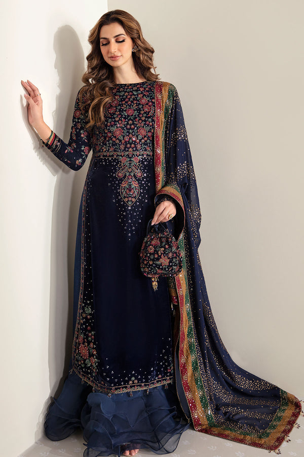 3 Pcs Luxury Velvet Suit with Embroidered Chiffon Dupatta | Ready To Wear