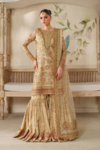Champagne Gold & Soft Coral: Embroidered Bridal Chiffon Suit | Ready To Wear
