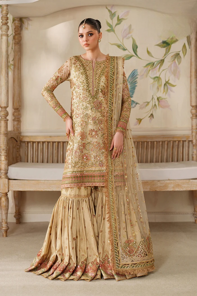 Champagne Gold & Soft Coral: Embroidered Bridal Chiffon Suit | Ready To Wear