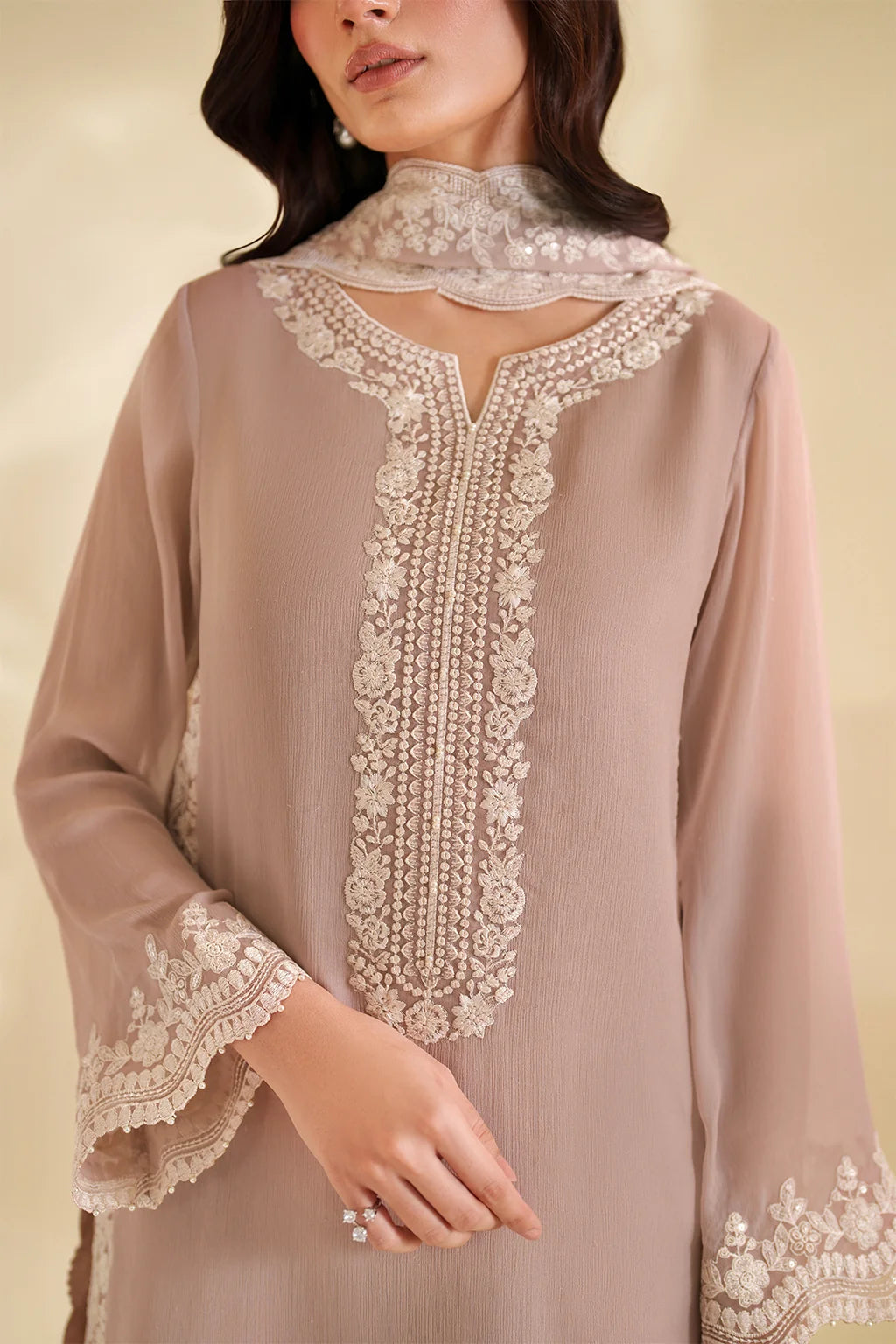 Dusty Mauve & Cream Accent: Embroidered Chiffon Suit