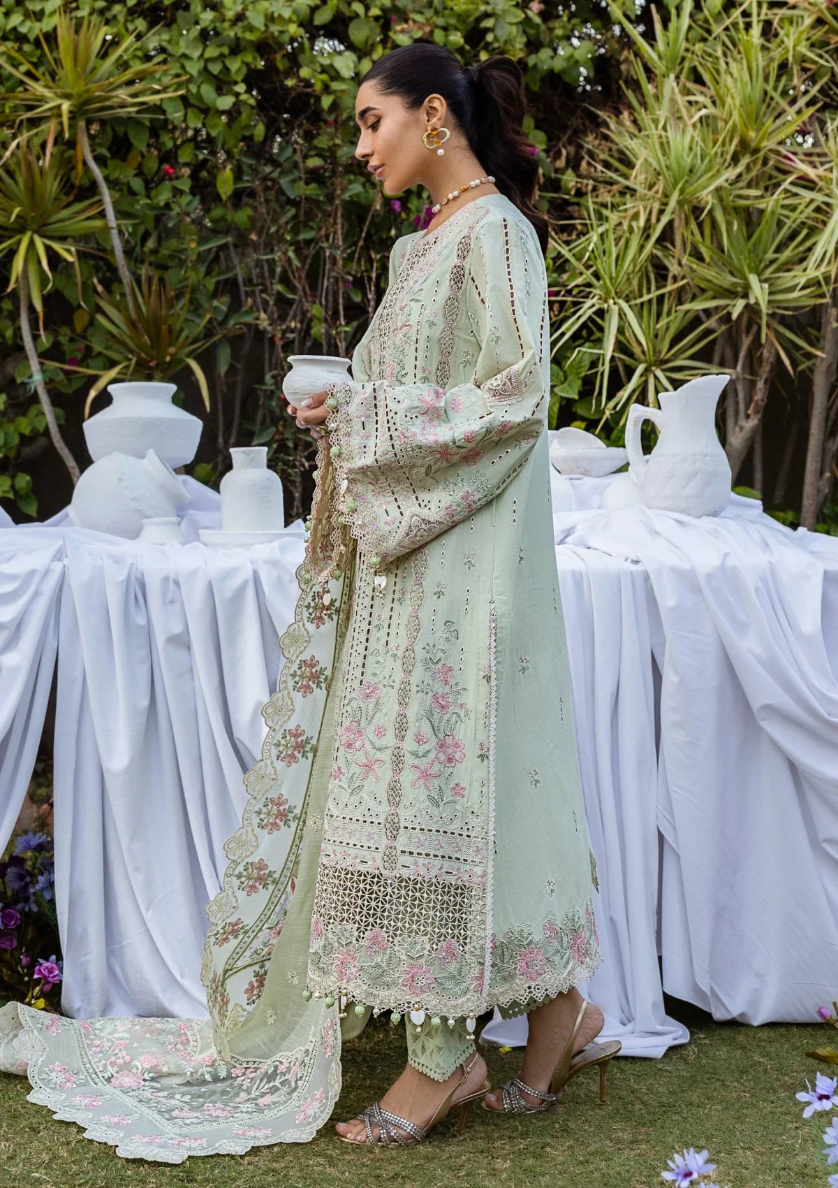 Pastel Sage Green: Chikankari Embroidered Lawn Suit | Ready To Wear