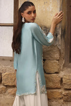 Pastel Blue & White: Embroidered Silk Short Kurti Suit | Ready To Wear