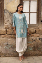 Pastel Blue & White: Embroidered Silk Short Kurti Suit | Ready To Wear