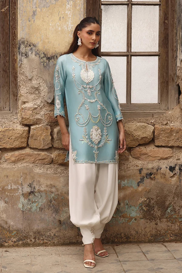 Pastel Blue & White: Embroidered Silk Short Kurti Suit | Ready To Wear