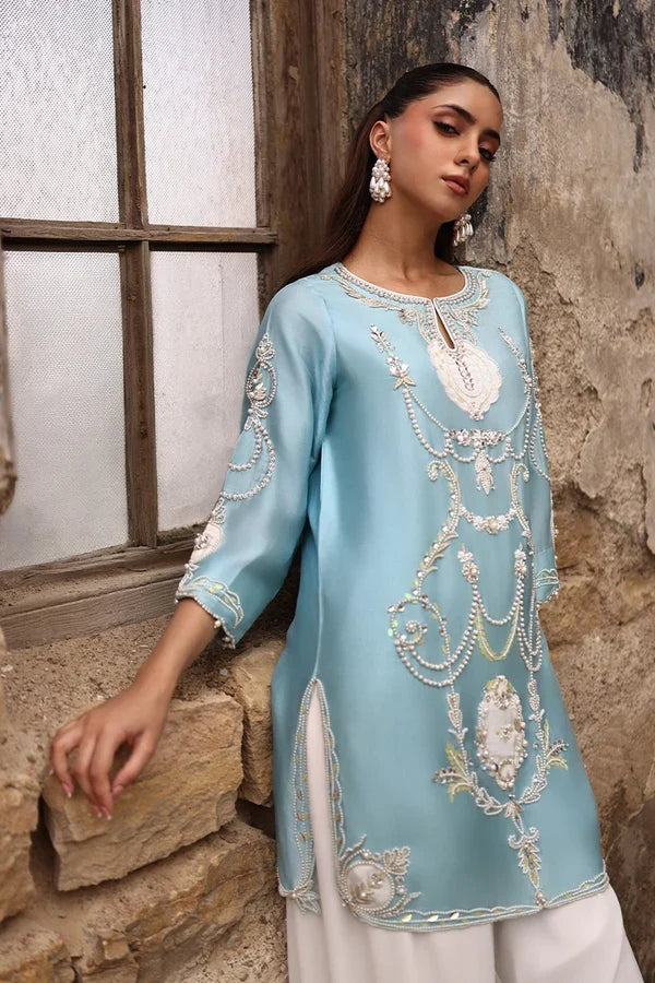 Pastel Blue & White: Embroidered Silk Short Kurti Suit | Ready To Wear