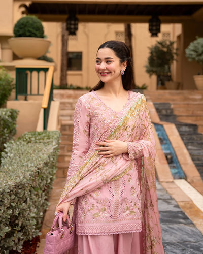 Tea Pink & Olive Gold: Embroidered Lawn Short Kurti With Sharara