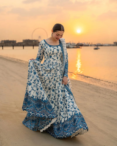 Ivory & Blue: Embroidered Lawn Suit Maxi Style | Ready To Wear