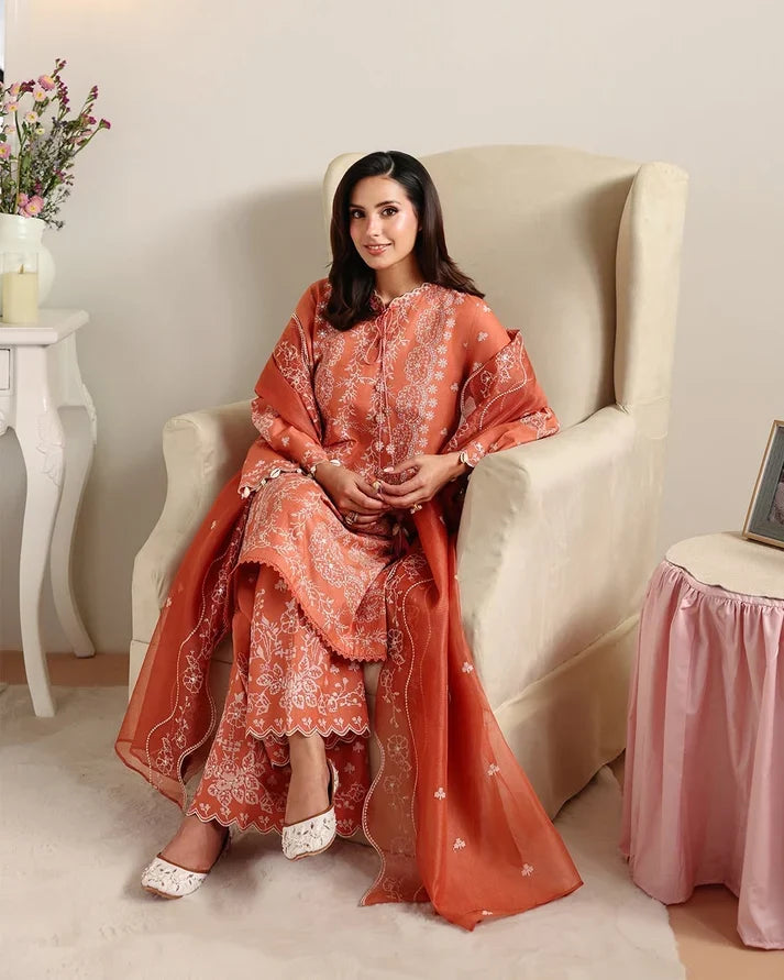 Burnt Peach & White Floral Accent: Embroidered Lawn Suit | Ready To Wear