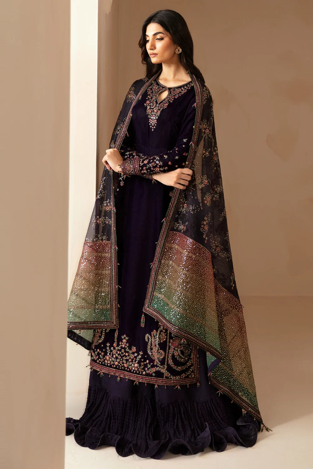 Deep Violet & Jewel Accent: Embroidered Velvet Suit | Ready To Wear