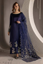 Midnight Sapphire & Gold: Embroidered Silk Suit | Ready To Wear