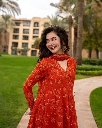 Burnt Orange: 03-Piece Embroidered Lawn Frock | Ready To Wear
