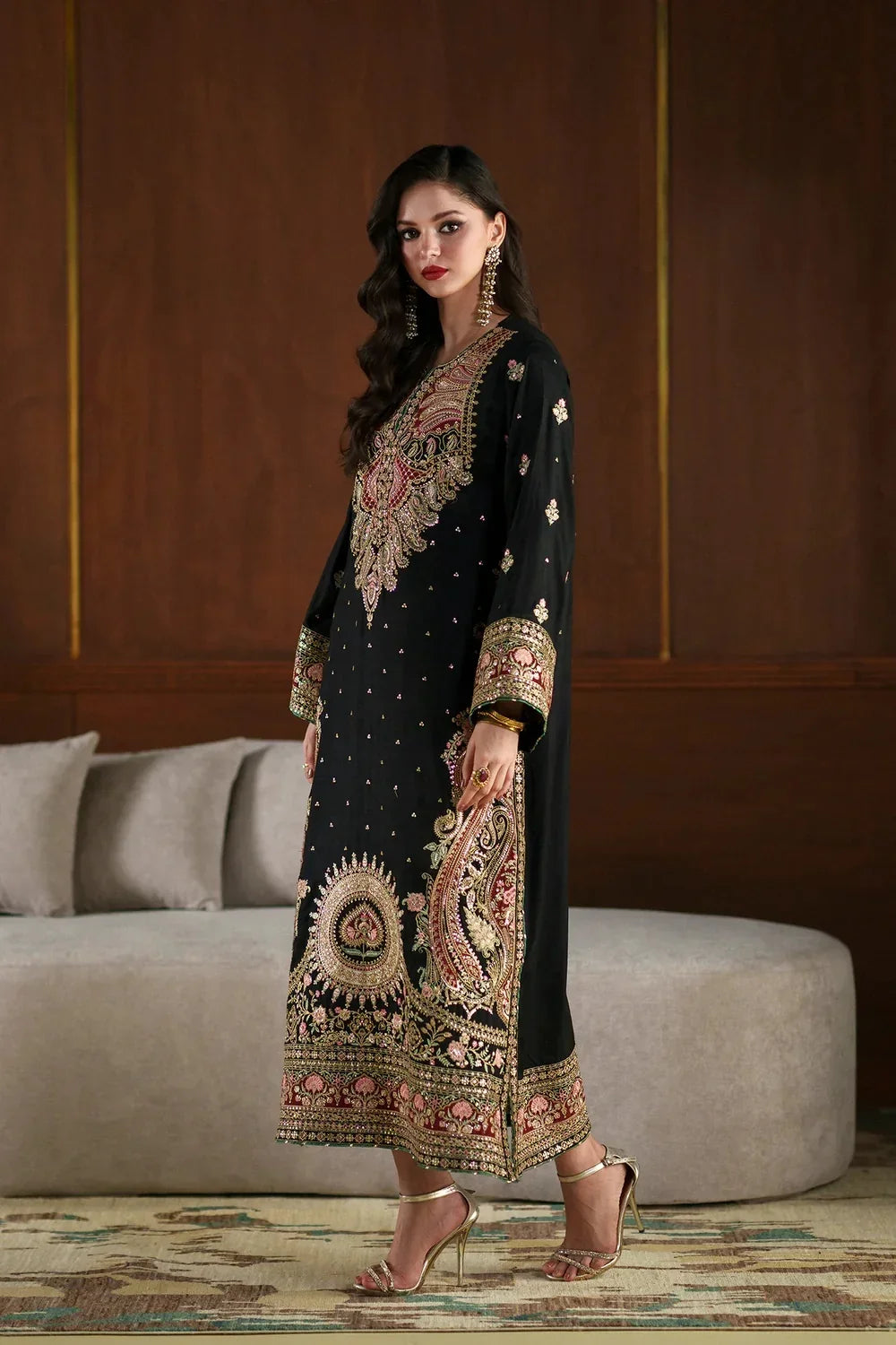 Black Kashmiri Royale: Embroidered Silk Kaftan | Ready To Wear