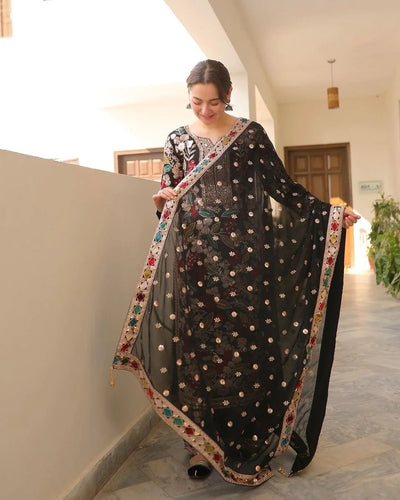 Jet Black & Multi-Color Floral Embroidered Chiffon Suit | Ready To Wear