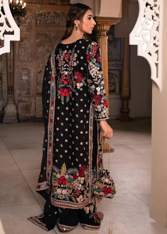 Jet Black & Multi-Color Floral Embroidered Chiffon Suit | Ready To Wear