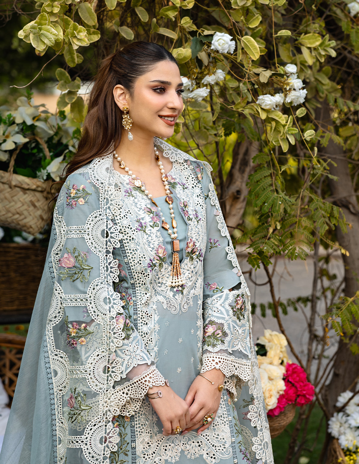 3 Pcs Chickenkari & Applique Embroidered Suit with Khaddi Net Dupatta | Ready To Wear