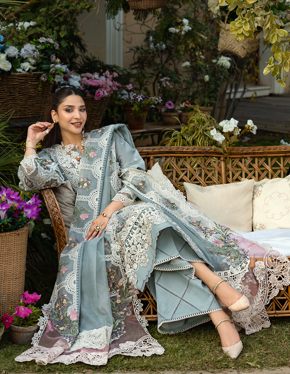 3 Pcs Chickenkari & Applique Embroidered Suit with Khaddi Net Dupatta | Ready To Wear