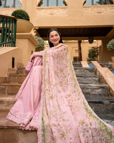 Tea Pink & Olive Gold: Embroidered Lawn Short Kurti With Sharara