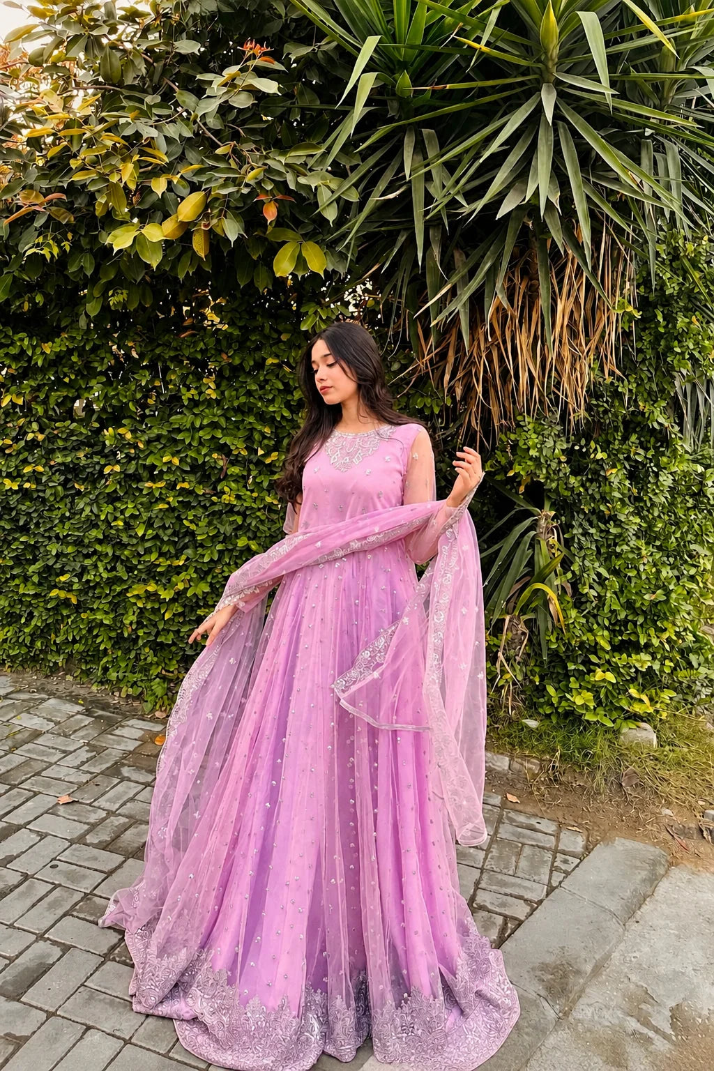 Soft Lavender Mist & Silver: Embroidered Net Maxi | Ready To Wear