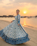 Ivory & Blue: Embroidered Lawn Suit Maxi Style | Ready To Wear