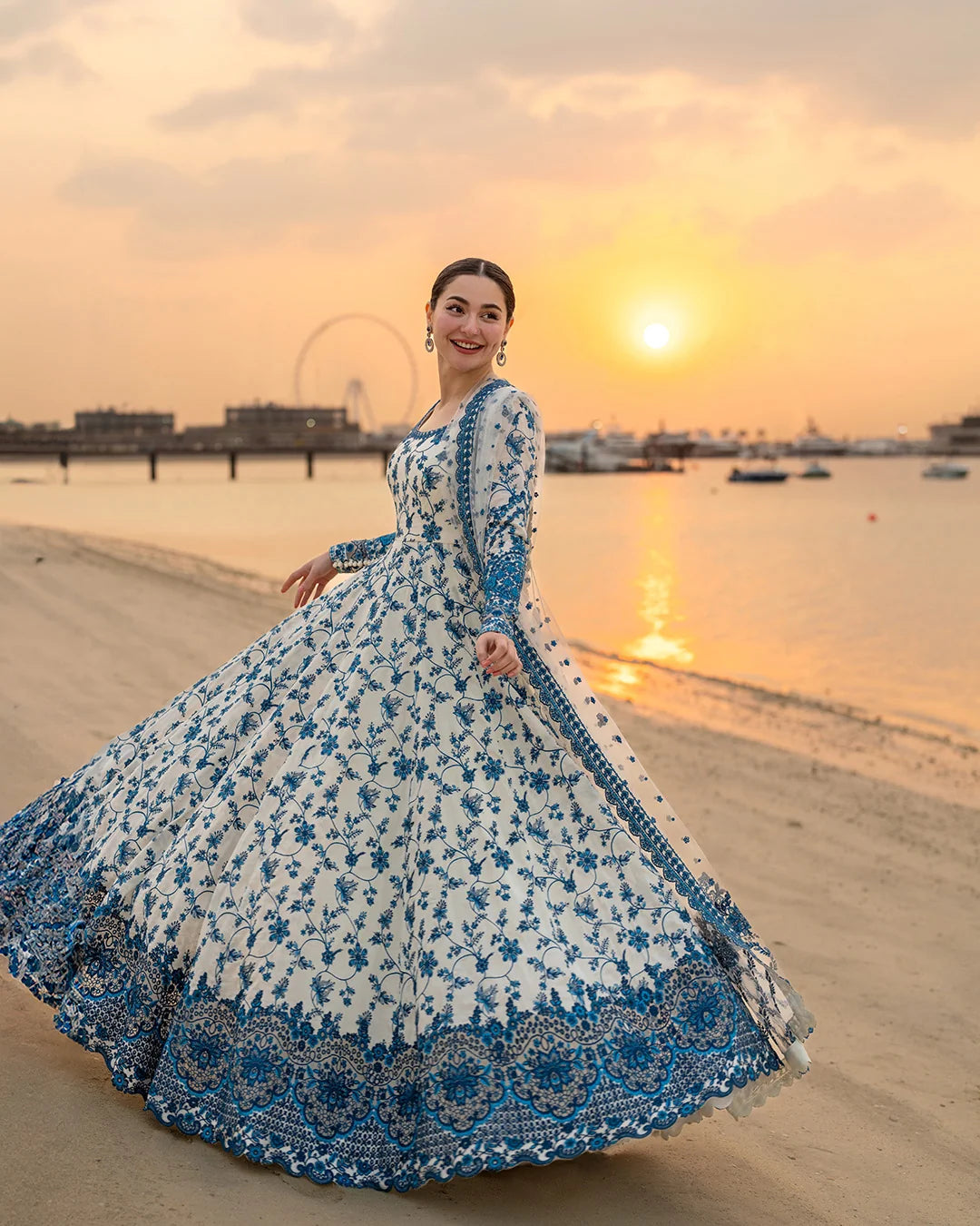 Ivory & Blue: Embroidered Lawn Suit Maxi Style | Ready To Wear