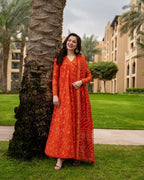 Burnt Orange: 03-Piece Embroidered Lawn Frock | Ready To Wear