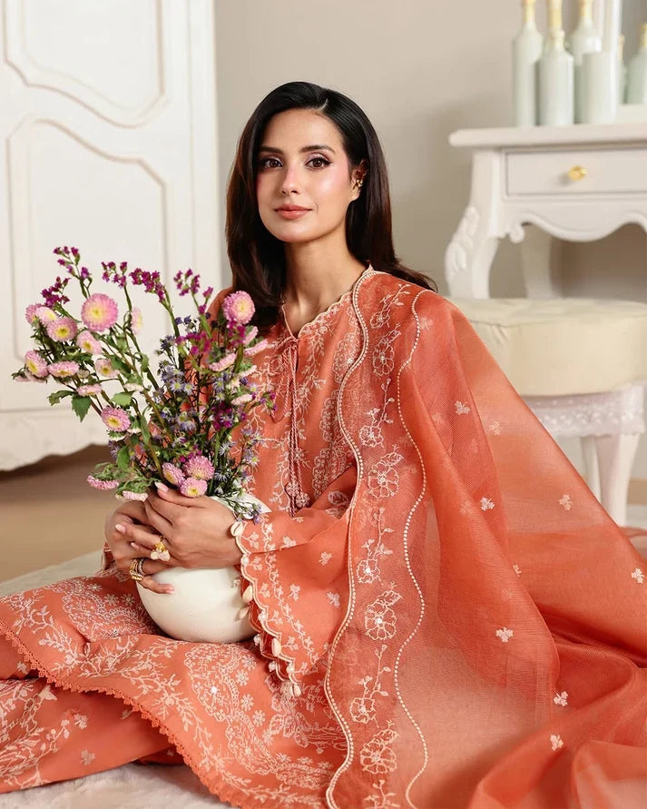 Burnt Peach & White Floral Accent: Embroidered Lawn Suit | Ready To Wear