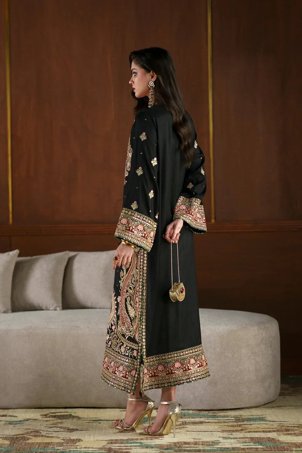 Black Kashmiri Royale: Embroidered Silk Kaftan | Ready To Wear