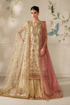 Champagne Gold & Soft Coral: Embroidered Bridal Chiffon Suit | Ready To Wear