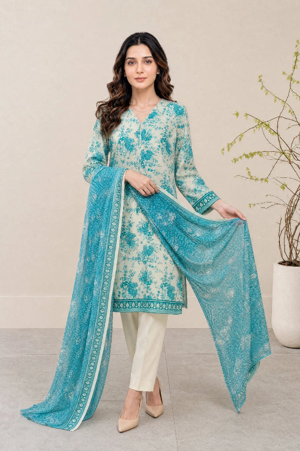 03-Piece Printed Lawn Suit With Cotton Shalwar | Ready To Wear