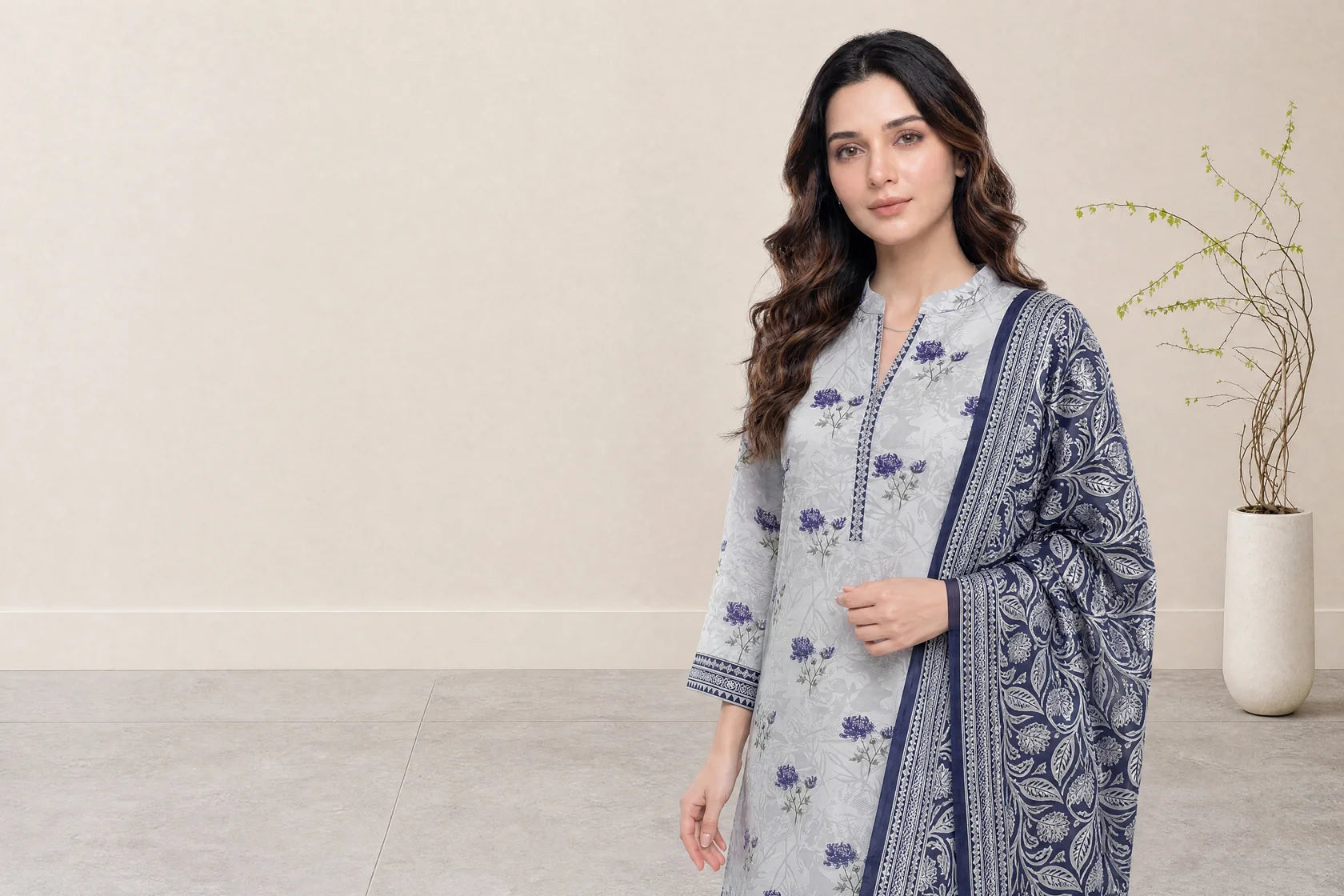 03-Piece Printed Lawn Suit With Cotton Shalwar | Ready To Wear