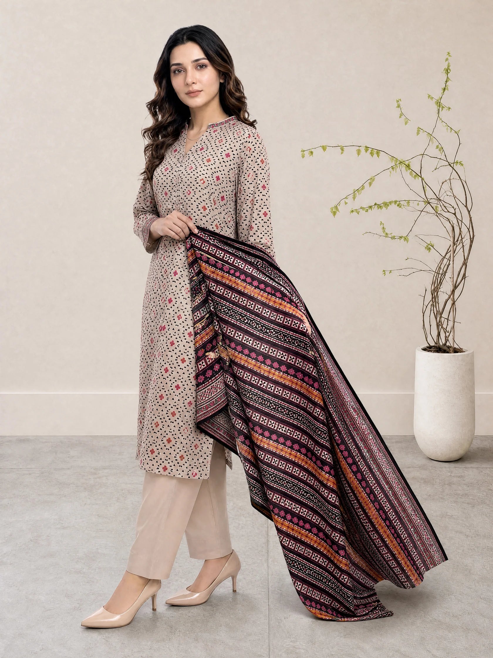 03-Piece Printed Lawn Suit With Cotton Shalwar | Ready To Wear