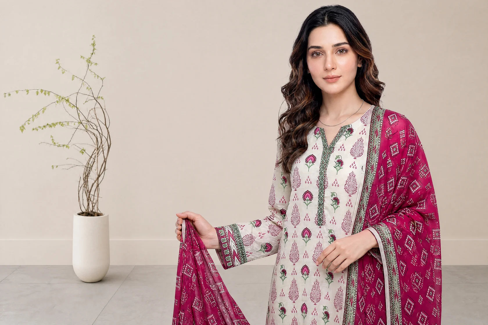 03-Piece Printed Lawn Suit With Cotton Shalwar | Ready To Wear