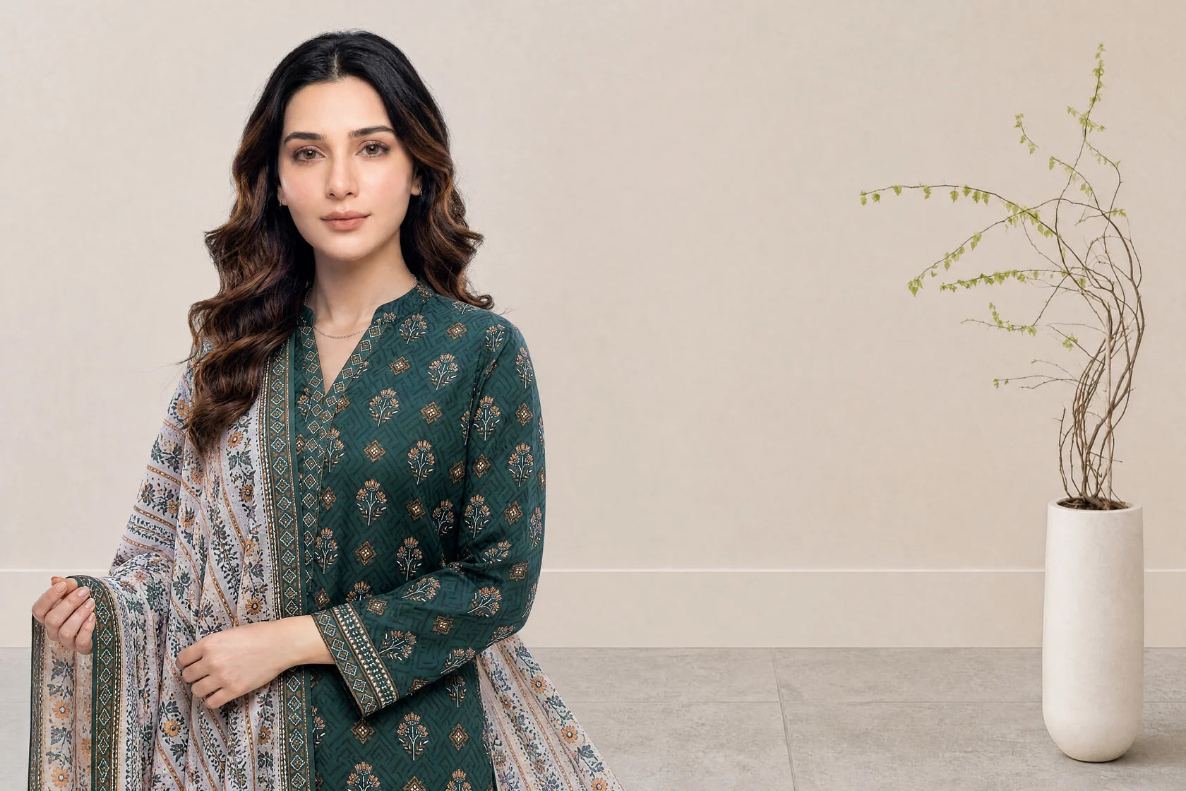 03-Piece Printed Lawn Suit With Cotton Shalwar | Ready To Wear