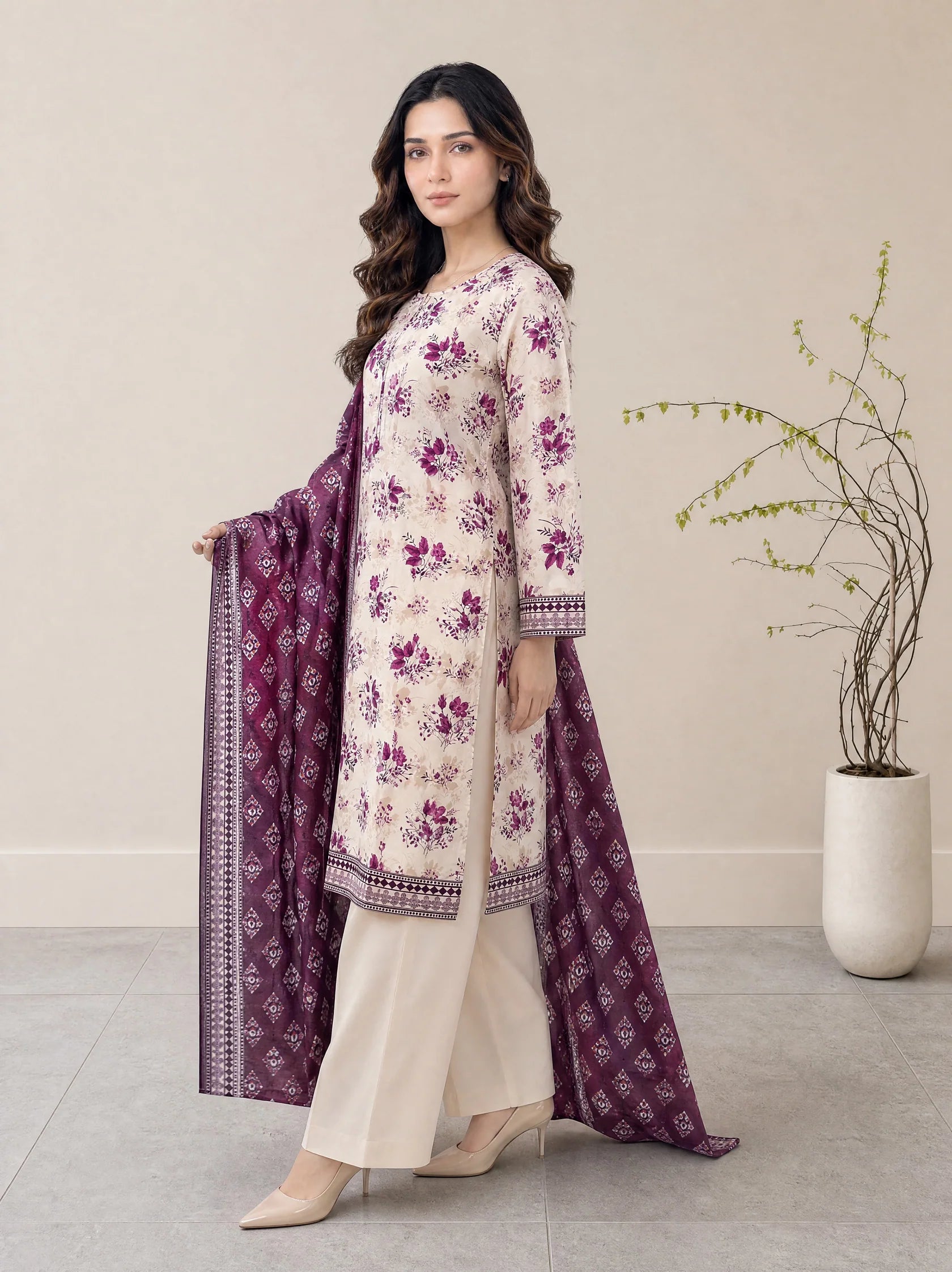 03-Piece Printed Lawn Suit With Cotton Shalwar | Ready To Wear