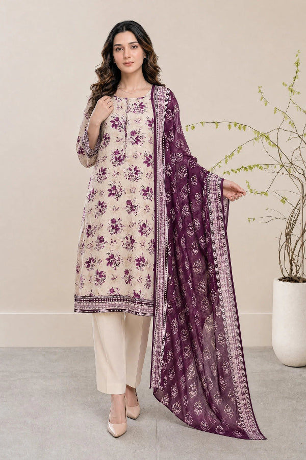 03-Piece Printed Lawn Suit With Cotton Shalwar | Ready To Wear