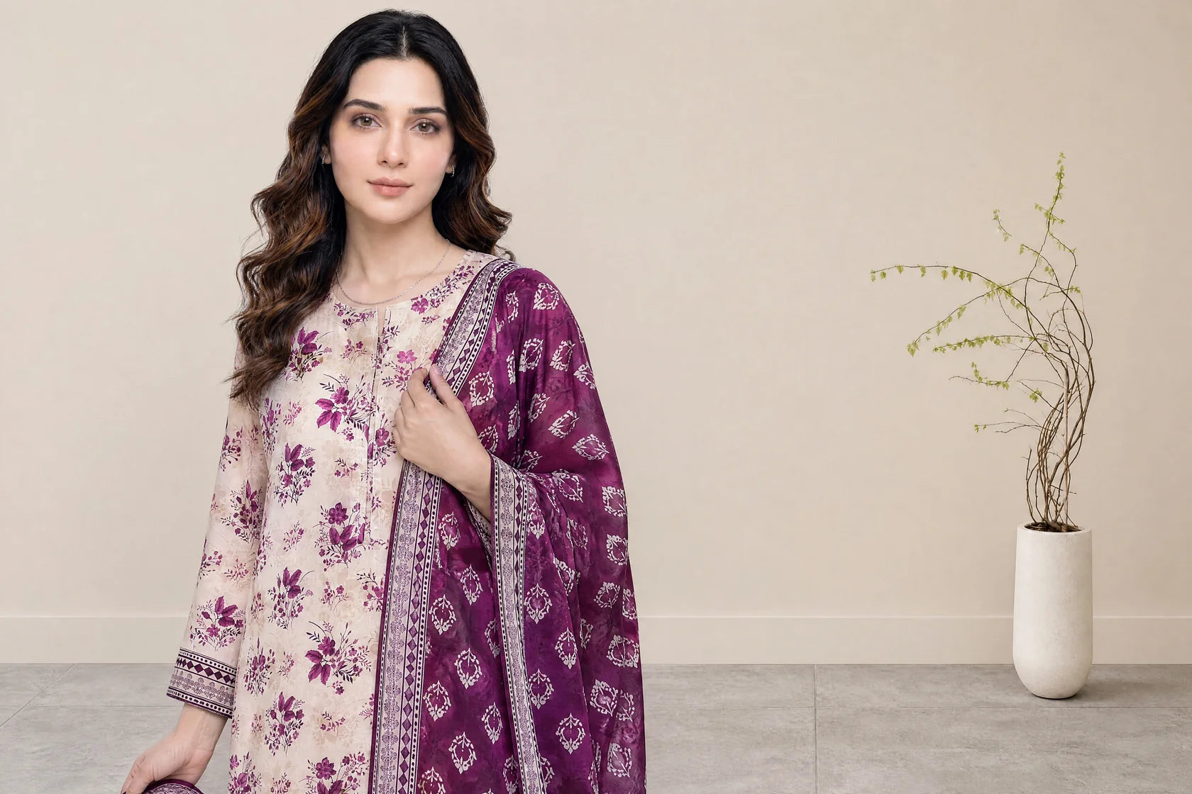 03-Piece Printed Lawn Suit With Cotton Shalwar | Ready To Wear