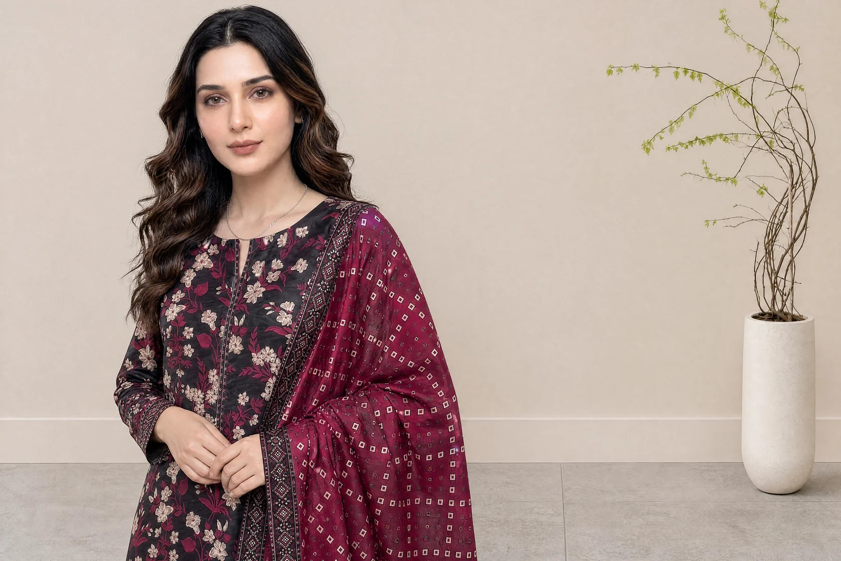 03-Piece Printed Lawn Suit With Cotton Shalwar | Ready To Wear