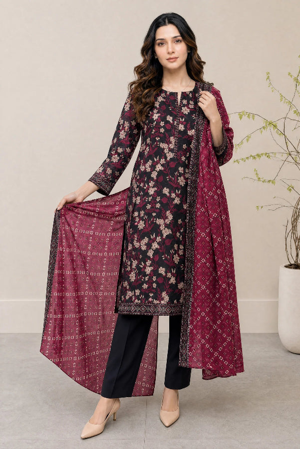03-Piece Printed Lawn Suit With Cotton Shalwar | Ready To Wear